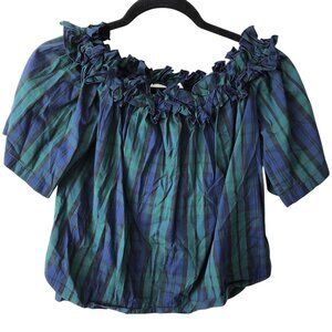 NEW Vineyard Vines Navy Green Plaid Off Shoulder Top S